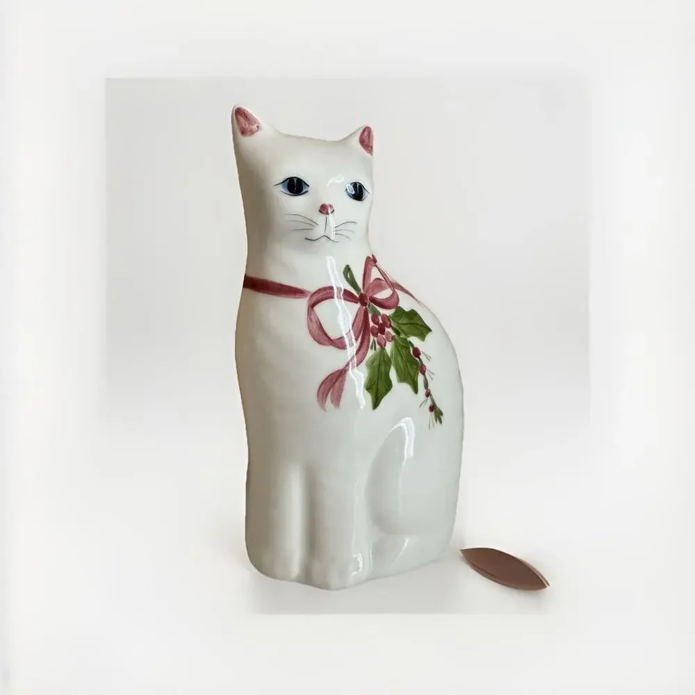 Vintage N.S. Gustin And Company 9x3” Cat Kitten Pink Floral Ceramic White